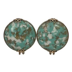 50s Castlecraft Robin Egg Blue White Gold Speckled Glass Ear Slide Clip Earrings